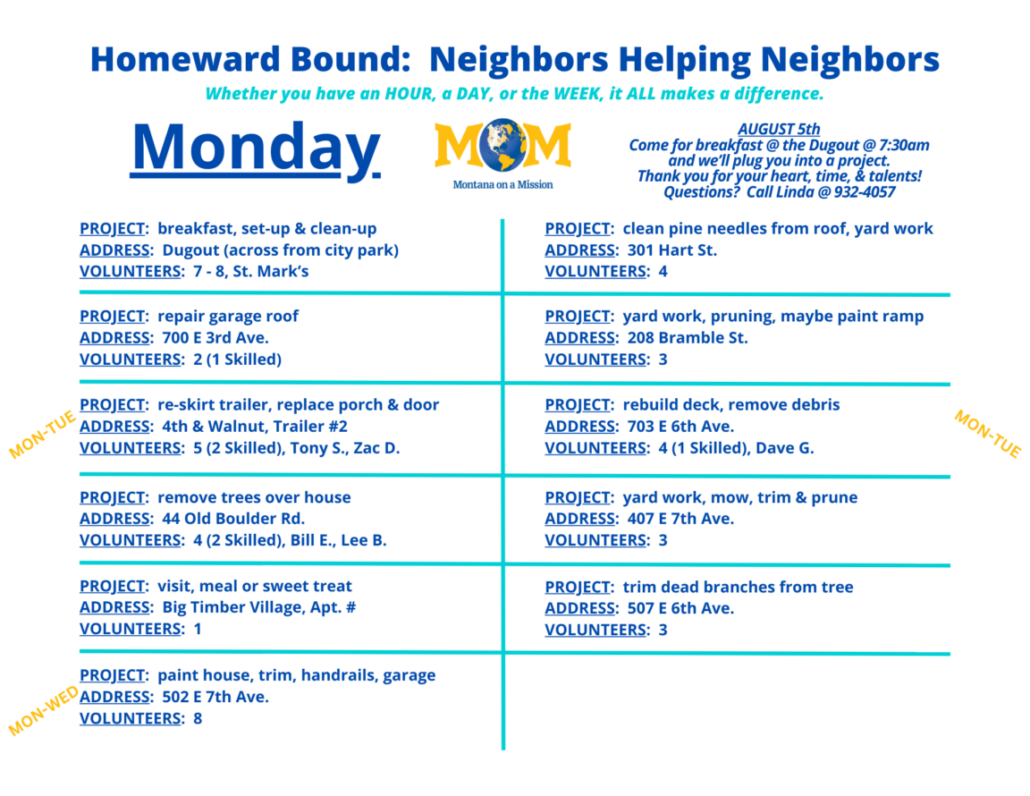 Montana on a Mission's 2024 Homeward Bound: Neighbors Helping Neighbors. Let's serve our community and share the love of Christ with a world that's hurting, starting right here at home!