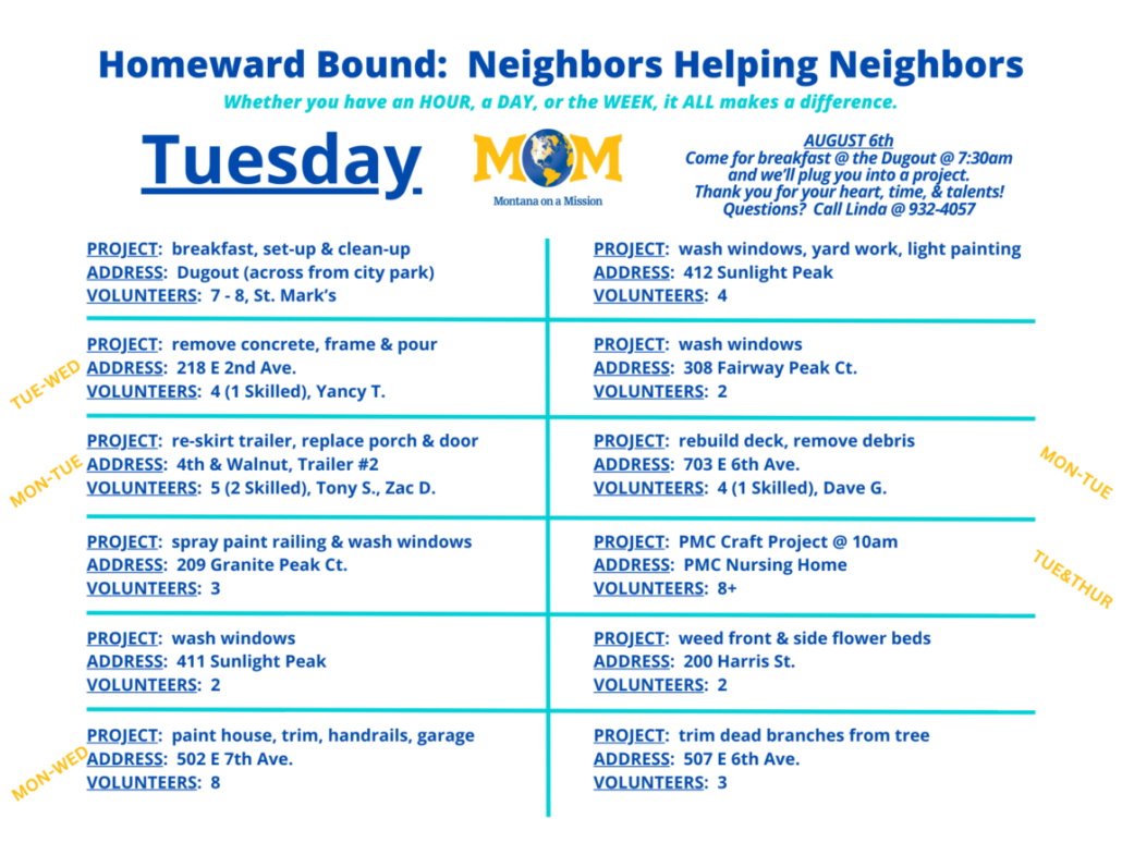 Montana on a Mission's 2024 Homeward Bound: Neighbors Helping Neighbors. Let's serve our community and share the love of Christ with a world that's hurting, starting right here at home!