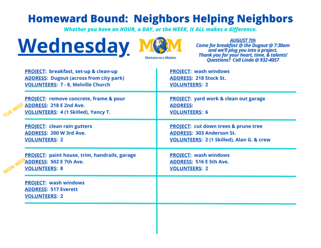 Montana on a Mission's 2024 Homeward Bound: Neighbors Helping Neighbors. Let's serve our community and share the love of Christ with a world that's hurting, starting right here at home!