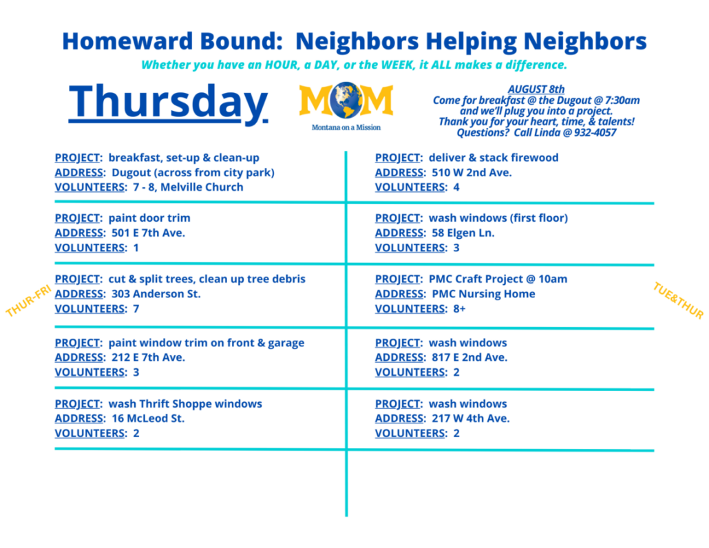 Montana on a Mission's 2024 Homeward Bound: Neighbors Helping Neighbors. Let's serve our community and share the love of Christ with a world that's hurting, starting right here at home!