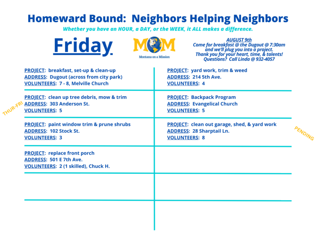 Montana on a Mission's 2024 Homeward Bound: Neighbors Helping Neighbors. Let's serve our community and share the love of Christ with a world that's hurting, starting right here at home!